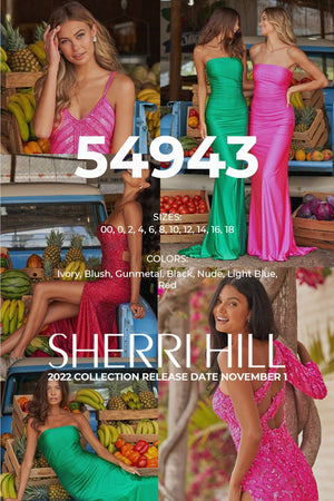 Sherri Hill 54943 prom dress images.  Sherri Hill 54943 is available in these colors: Ivory, Blush, Gunmetal, Black, Nude, Light Blue, Red.
