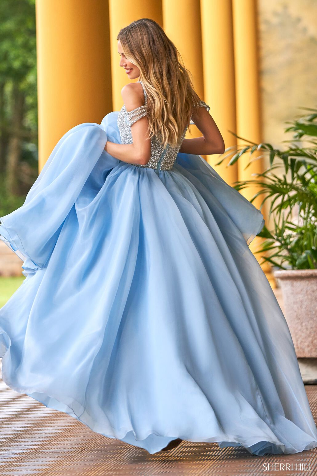 Sherri Hill 54976 prom dress images.  Sherri Hill 54976 is available in these colors: Yellow, Candy Pink, Light Blue, Ivory.