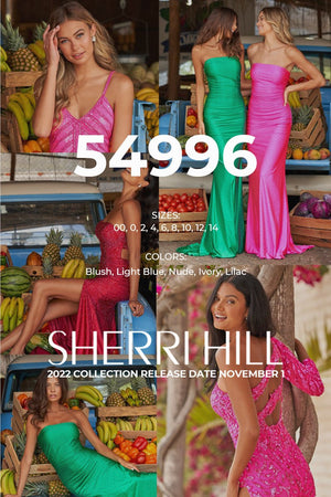Sherri Hill 54996 prom dress images.  Sherri Hill 54996 is available in these colors: Blush, Light Blue, Nude, Ivory, Lilac.