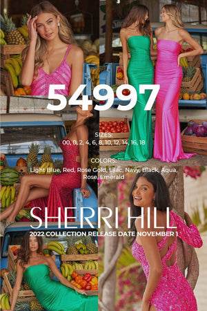 Sherri Hill 54997 prom dress images.  Sherri Hill 54997 is available in these colors: Light Blue, Red, Rose Gold, Lilac, Navy, Black, Aqua, Rose, Emerald.