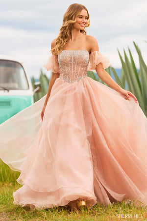 Sherri Hill 55580 nude prom dresses images.  Sherri Hill 55580 is available in these colors: Nude, Black, Ivory, Blush, Light Blue, Periwinkle, Aqua