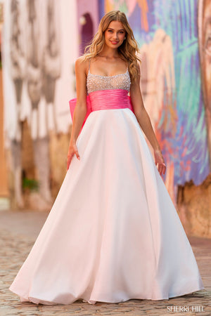 Sherri Hill 55595 ivory pink prom dresses images.  Sherri Hill 55595 is available in these colors: Ivory Pink, Pink, Ivory Black, Ivory Light Blue, Aqua, Light Blue