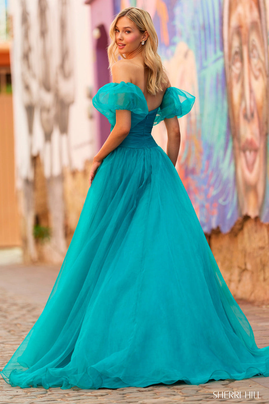 Sherri Hill 55602 teal prom dresses images.  Sherri Hill 55602 is available in these colors: Magenta, Teal, Navy, Black