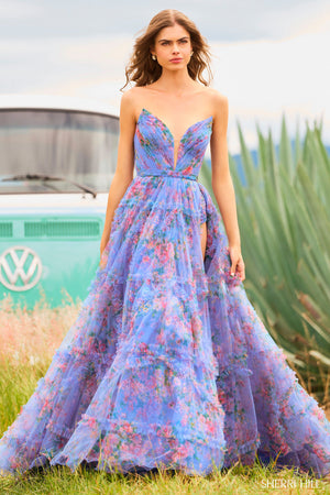 Sherri Hill 55620 periwinkle print prom dresses images.  Sherri Hill 55620 is available in these colors: Periwinkle Print, Bright Pink Print