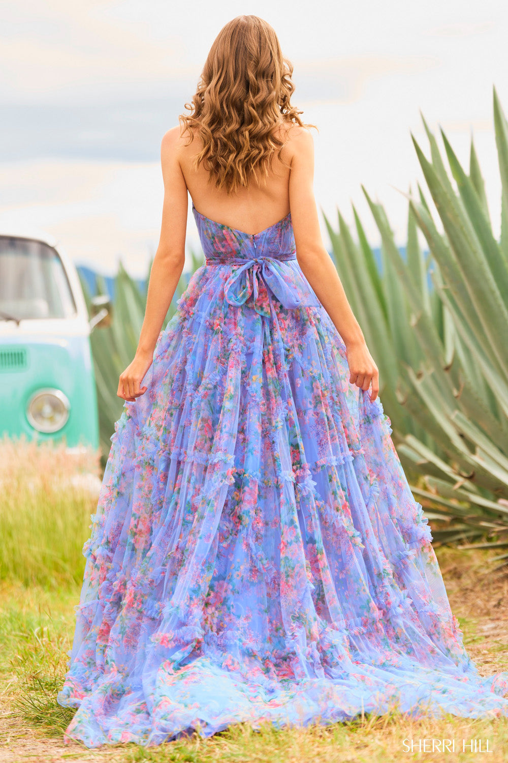 Sherri Hill 55620 periwinkle print prom dresses images.  Sherri Hill 55620 is available in these colors: Periwinkle Print, Bright Pink Print