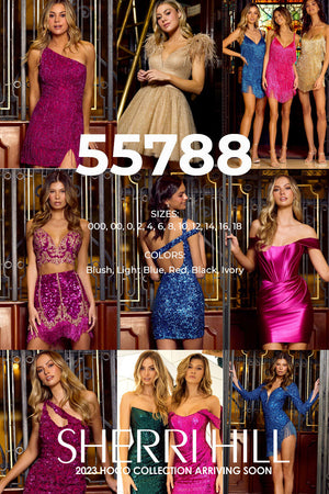 Sherri Hill 55788 prom dress images.  Sherri Hill 55788 is available in these colors: Blush, Light Blue, Red, Black, Ivory.