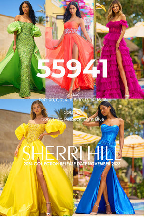 Sherri Hill 55941 prom dress images.  Sherri Hill 55941 is available in these colors: Ivory, Lilac, Peacock, Light Blue.