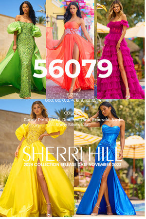 Sherri Hill 56079 prom dress images.  Sherri Hill 56079 is available in these colors: Candy Pink, Black, Red, Hot Pink, Emerald, Nude Shiny Silver, Lilac.