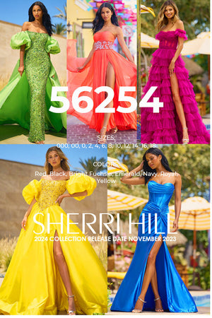 Sherri Hill 56254 prom dress images.  Sherri Hill 56254 is available in these colors: Red, Black, Bright Fuchsia, Emerald, Navy, Royal, Yellow.