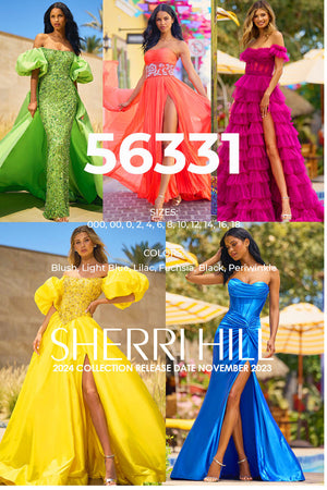 Sherri Hill 56331 prom dress images.  Sherri Hill 56331 is available in these colors: Blush, Light Blue, Lilac, Fuchsia, Black, Periwinkle.