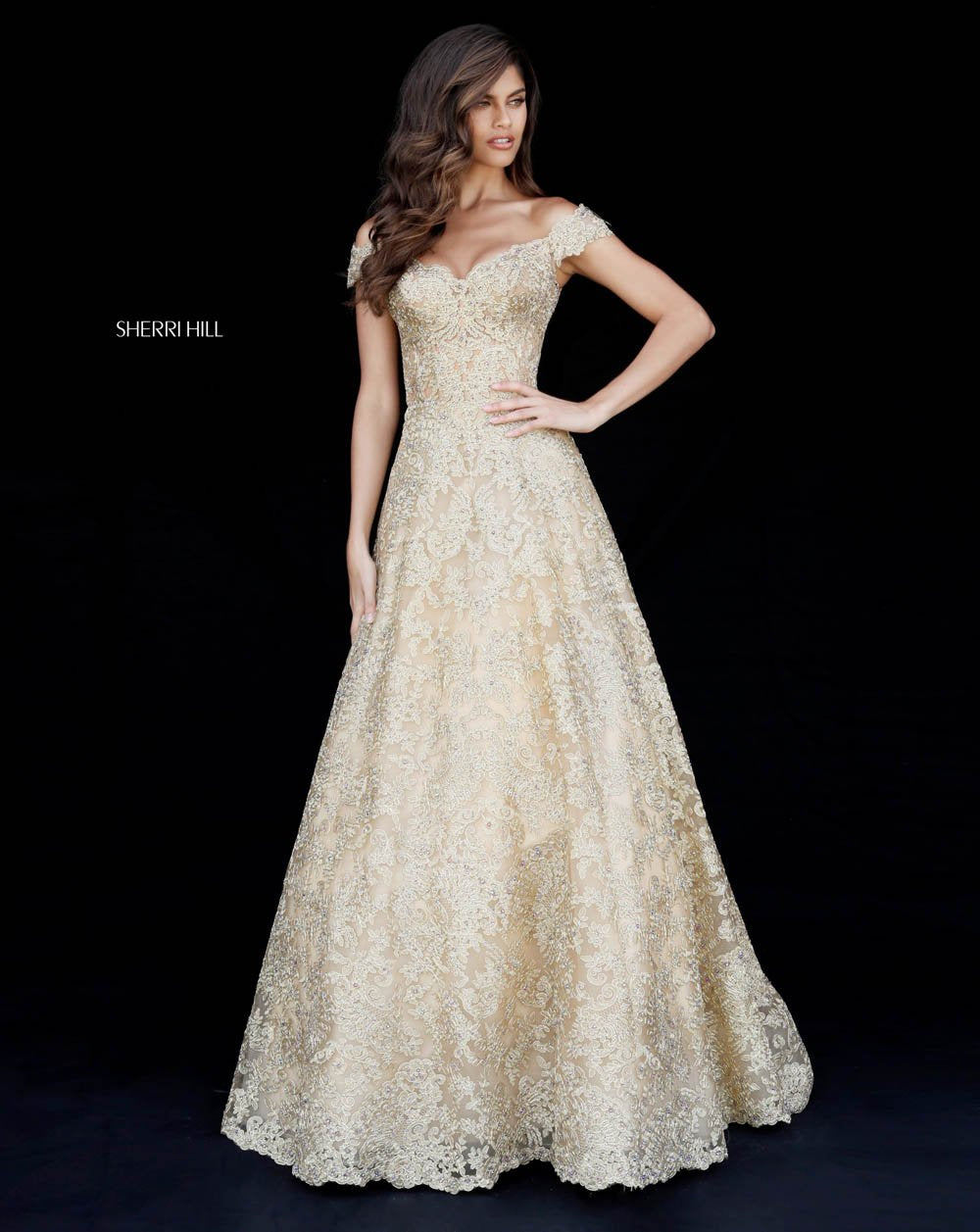 Sherri Hill 51573 prom dress images.  Sherri Hill 51573 is available in these colors: Gold, Light Blue, Silver, Black, Ivory.