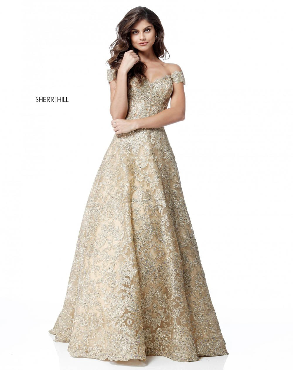 Sherri Hill 51573 prom dress images.  Sherri Hill 51573 is available in these colors: Gold, Light Blue, Silver, Black, Ivory.