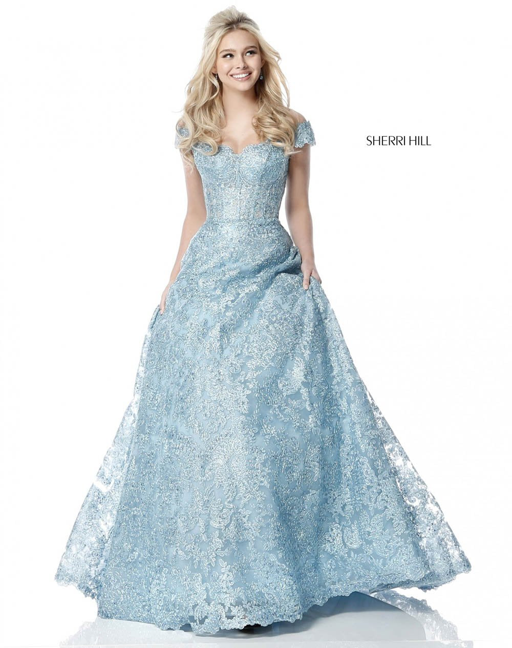 Sherri Hill 51573 prom dress images.  Sherri Hill 51573 is available in these colors: Gold, Light Blue, Silver, Black, Ivory.