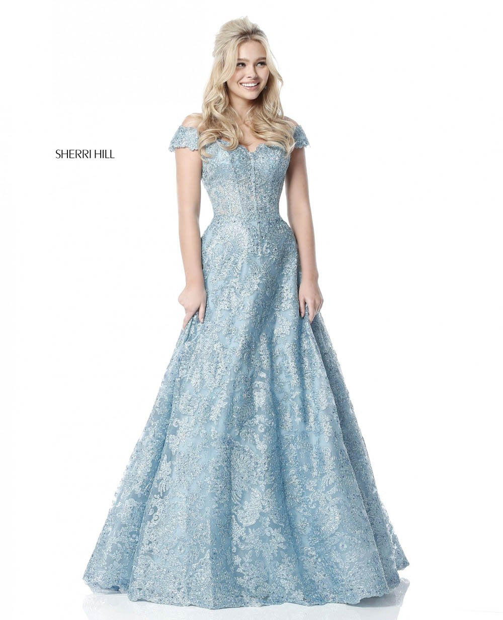 Sherri Hill 51573 prom dress images.  Sherri Hill 51573 is available in these colors: Gold, Light Blue, Silver, Black, Ivory.