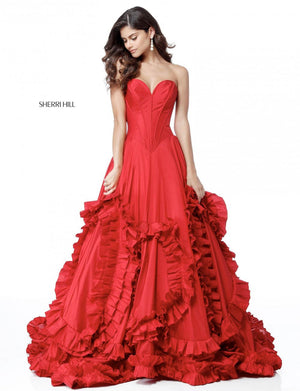 Sherri Hill 51578 prom dress images.  Sherri Hill 51578 is available in these colors: Light Blue, Blush, Black, Red, Pink, Ivory, Fuchsia, Yellow.