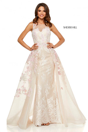 Sherri Hill 52161 prom dress images.  Sherri Hill 52161 is available in these colors: Nude Pink, Nude Ivory Blush, Nude Light Blue.