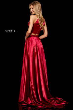 Sherri Hill 52230 prom dress images.  Sherri Hill 52230 is available in these colors: Lilac, Mocha, Teal, Emerald, Dark Royal, Wine, Black, Red.