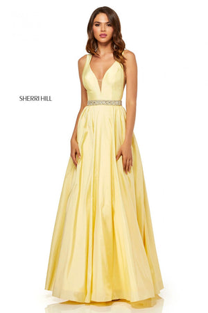 Sherri Hill 52414 prom dress images.  Sherri Hill 52414 is available in these colors: Ivory, Light Blue, Lilac, Yellow, Pink.