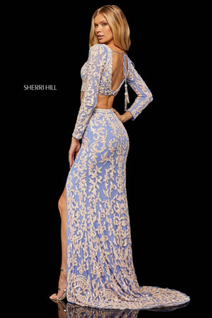 Sherri Hill 52459 prom dress images.  Sherri Hill 52459 is available in these colors: Nude Coral, Periwinkle Pink, Light Gold, Nude Ivory, Black, Nude Aqua, Burgundy.