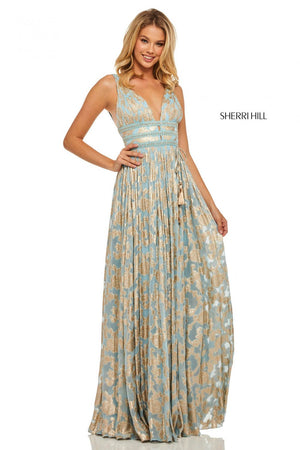 Sherri Hill 52474 prom dress images.  Sherri Hill 52474 is available in these colors: Ivory Gold, Black Gold, Coral Gold, Light Blue Gold.