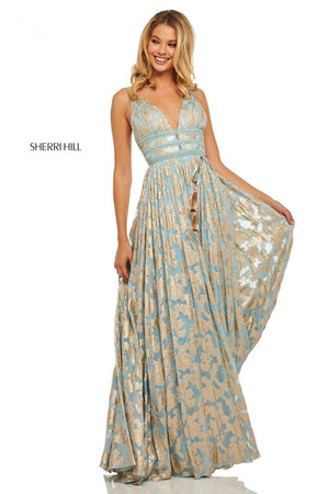 Sherri Hill 52474 prom dress images.  Sherri Hill 52474 is available in these colors: Ivory Gold, Black Gold, Coral Gold, Light Blue Gold.