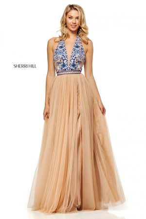 Sherri Hill 52475 prom dress images.  Sherri Hill 52475 is available in these colors: Nude Blue, Ivory Blue, Nude Aqua, Ivory Coral, Nude Coral, Ivory Aqua.