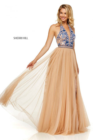 Sherri Hill 52475 prom dress images.  Sherri Hill 52475 is available in these colors: Nude Blue, Ivory Blue, Nude Aqua, Ivory Coral, Nude Coral, Ivory Aqua.