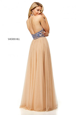 Sherri Hill 52475 prom dress images.  Sherri Hill 52475 is available in these colors: Nude Blue, Ivory Blue, Nude Aqua, Ivory Coral, Nude Coral, Ivory Aqua.