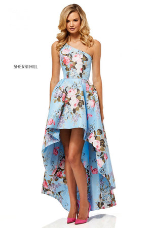 Sherri Hill 52489 prom dress images.  Sherri Hill 52489 is available in these colors: Light Blue Print, Yellow Print, Ivory Print, Lilac Print, Light Yellow Print.