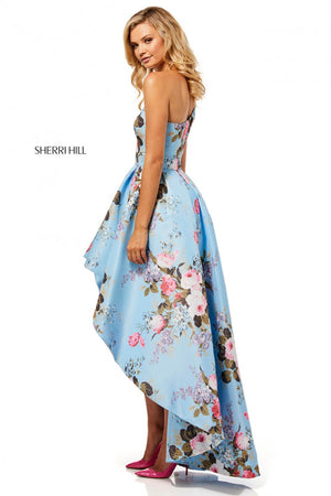 Sherri Hill 52489 prom dress images.  Sherri Hill 52489 is available in these colors: Light Blue Print, Yellow Print, Ivory Print, Lilac Print, Light Yellow Print.