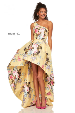 Sherri Hill 52489 prom dress images.  Sherri Hill 52489 is available in these colors: Light Blue Print, Yellow Print, Ivory Print, Lilac Print, Light Yellow Print.