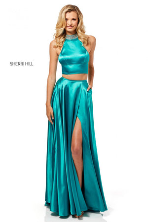 Sherri Hill 52491 prom dress images.  Sherri Hill 52491 is available in these colors: Emerald, Teal, Red, Yellow, Royal.