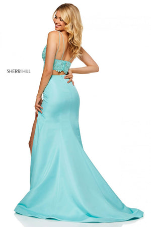 Sherri Hill 52493 prom dress images.  Sherri Hill 52493 is available in these colors: Ivory, Black, Coral, Aqua, Yellow, Light Blue, Fuchsia, Red.