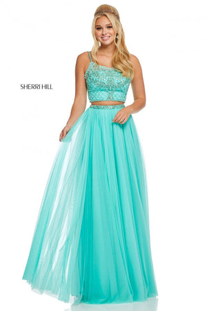 Sherri Hill 52516 prom dress images.  Sherri Hill 52516 is available in these colors: Light Yellow, Light Pink, Navy, Ivory, Black, Aqua, Light Blue, Lilac, Coral.