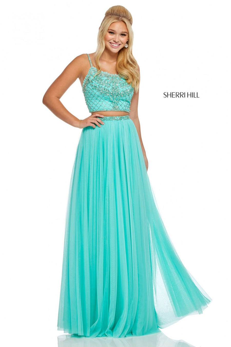 Sherri Hill 52516 prom dress images.  Sherri Hill 52516 is available in these colors: Light Yellow, Light Pink, Navy, Ivory, Black, Aqua, Light Blue, Lilac, Coral.