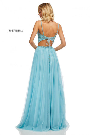 Sherri Hill 52516 prom dress images.  Sherri Hill 52516 is available in these colors: Light Yellow, Light Pink, Navy, Ivory, Black, Aqua, Light Blue, Lilac, Coral.