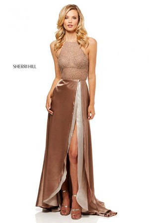 Sherri Hill 52570 prom dress images.  Sherri Hill 52570 is available in these colors: Mocha, Turquoise, Red.