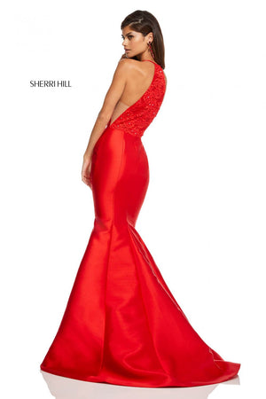 Sherri Hill 52575 prom dress images.  Sherri Hill 52575 is available in these colors: Red, Black, Yellow, Light Blue, Light Pink, Ivory.