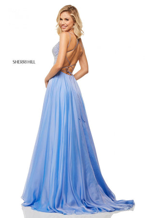 Sherri Hill 52591 prom dress images.  Sherri Hill 52591 is available in these colors: Blue, Periwinkle, Yellow, Light Green, Pink, Nude.