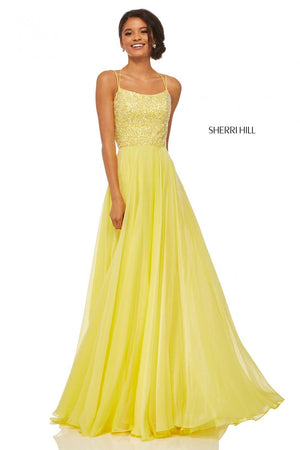 Sherri Hill 52591 prom dress images.  Sherri Hill 52591 is available in these colors: Blue, Periwinkle, Yellow, Light Green, Pink, Nude.