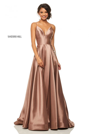 Sherri Hill 52597 prom dress images.  Sherri Hill 52597 is available in these colors: Emerald, Coral, Navy, Yellow, Red, Blush, Black, Violet, Light Blue, Mocha.