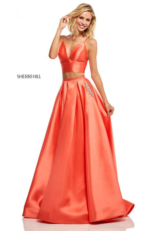 Sherri Hill 52598 prom dress images.  Sherri Hill 52598 is available in these colors: Mocha, Violet, Red, Emerald, Coral, Yellow, Turquoise, Black.