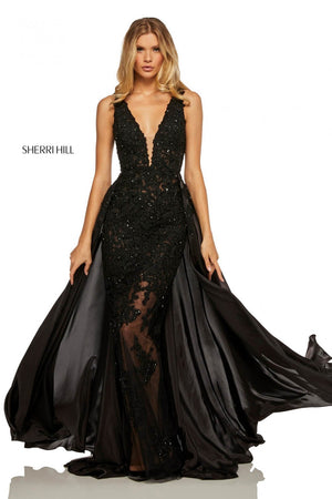 Sherri Hill 52599 prom dress images.  Sherri Hill 52599 is available in these colors: Nude Light Blue, Nude Ivory, Black, Red, Nude Lilac.
