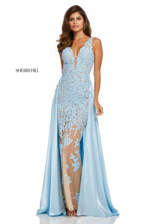 Sherri Hill 52599 prom dress images.  Sherri Hill 52599 is available in these colors: Nude Light Blue, Nude Ivory, Black, Red, Nude Lilac.