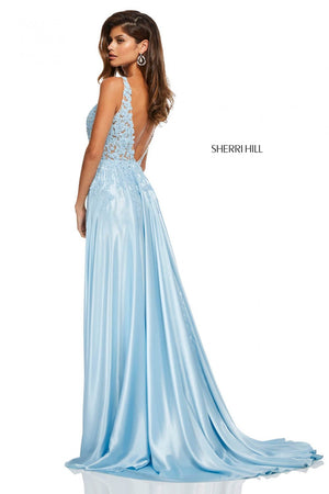 Sherri Hill 52599 prom dress images.  Sherri Hill 52599 is available in these colors: Nude Light Blue, Nude Ivory, Black, Red, Nude Lilac.