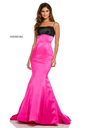 Sherri Hill 52615 prom dress images.  Sherri Hill 52615 is available in these colors: Black Fuchsia, Ivory Black, Blush Navy, Fuchsia Red, Light Blue Mocha, Ivory, Red, Emerald.