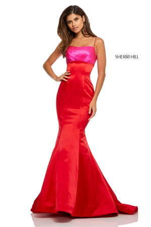 Sherri Hill 52615 prom dress images.  Sherri Hill 52615 is available in these colors: Black Fuchsia, Ivory Black, Blush Navy, Fuchsia Red, Light Blue Mocha, Ivory, Red, Emerald.