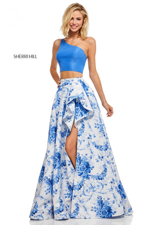 Sherri Hill 52617 prom dress images.  Sherri Hill 52617 is available in these colors: Blue Ivory Print.