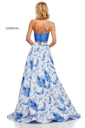Sherri Hill 52617 prom dress images.  Sherri Hill 52617 is available in these colors: Blue Ivory Print.