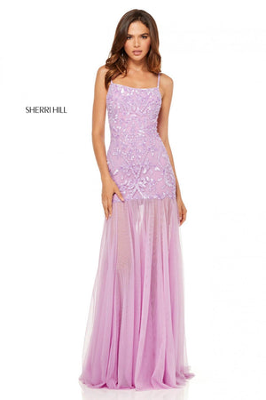 Sherri Hill 52677 prom dress images.  Sherri Hill 52677 is available in these colors: Lilac, Ivory, Light Pink, Aqua, Light Blue, Light Yellow, Coral.